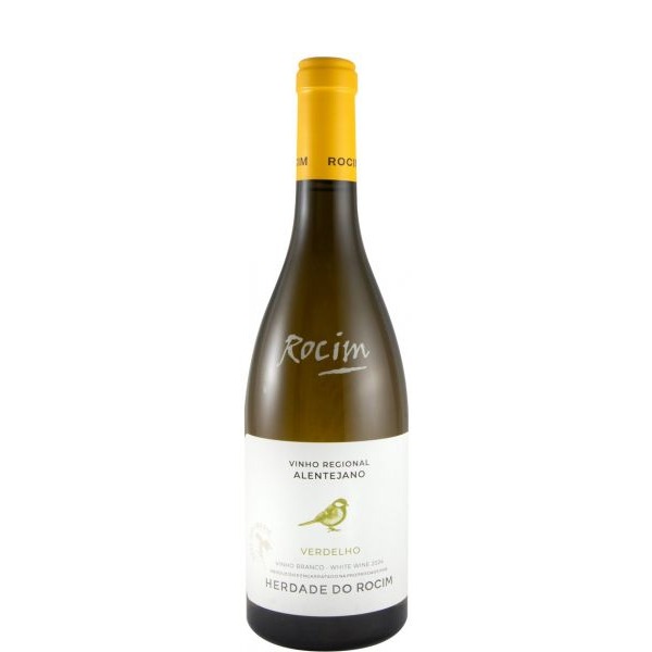 Herdade do Rocim Verdelho branco 2024 Garrafa de vinho branco Verdelho com rótulo branco e texto da Herdade do Rocim
