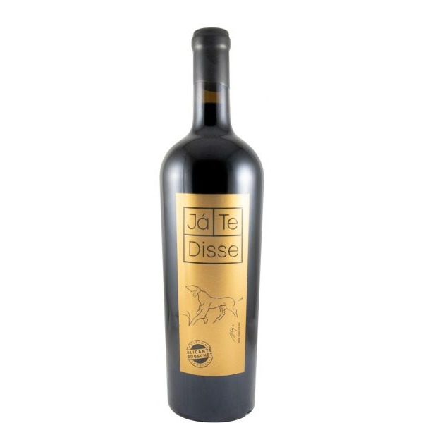 Já Te Disse Alicante Bouschet Edição Especial tinto 2020 Garrafa de vinho tinto com rótulo amarelo e desenho de cão