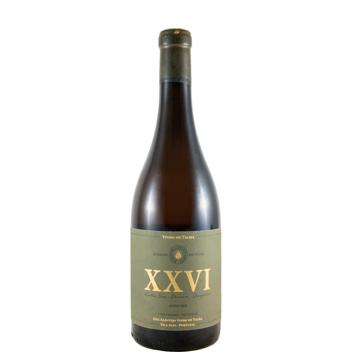 XXVI Talhas branco 2021 Garrafa de vinho branco com rótulo verde-oliva e texto dourado XXVI