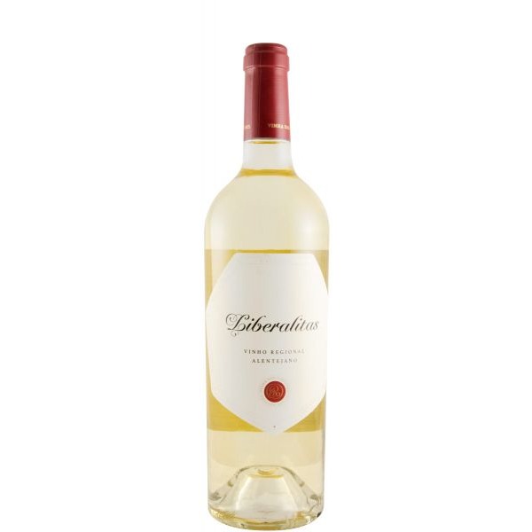 Liberalitas branco 2021 Garrafa de vinho branco Liberalitas com rótulo branco e tampa vermelha