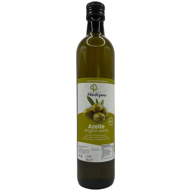 Azeite Virgem Extra Mercado Alentejano - 750ml Garrafa de azeite virgem extra com rótulo de azeitonas