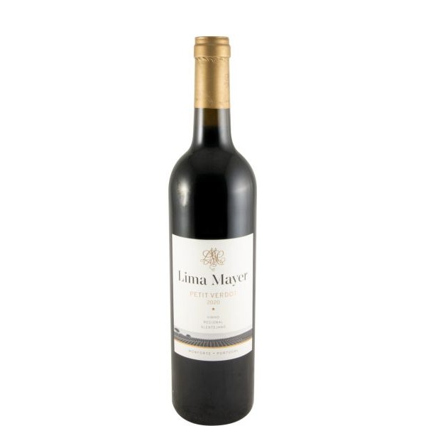 Lima Mayer Petit Verdot tinto 2020 Garrafa de vinho Lima Mayer Petit Verdot 2020 com rótulo branco e tampa dourada