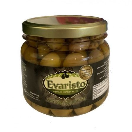 Azeitona Retalhada Natural 210g Frasco de azeitonas Evaristo com rótulo preto e tampa dourada