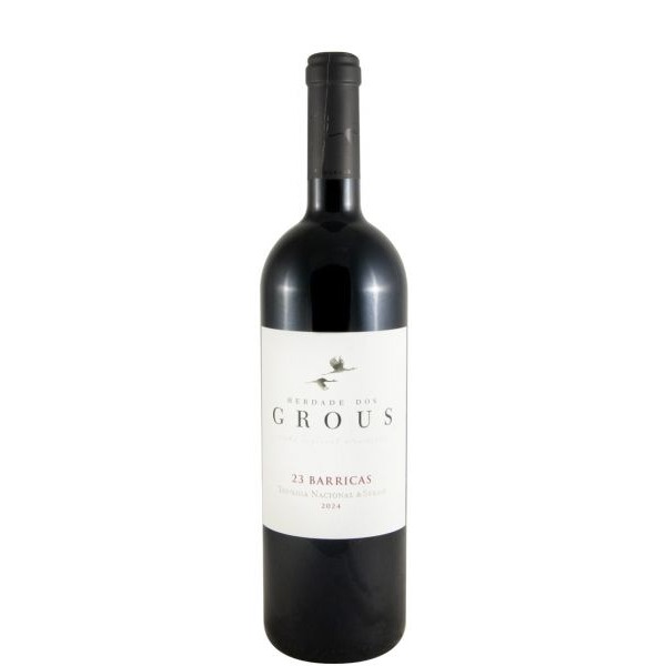 Herdade dos Grous 23 Barricas tinto 2024 Garrafa de vinho tinto Herdade dos Grous 23 Barricas com rótulo branco e texto preto