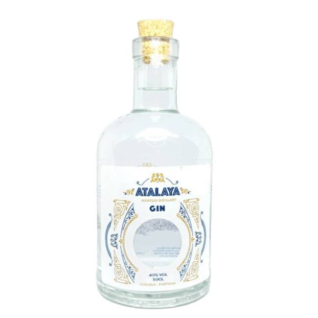 Atalaya Gin Garrafa de gin Atalaya com tampa de cortiça e etiqueta branca azul e dourado