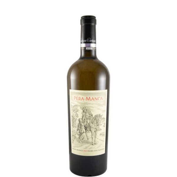 Pêra-Manca branco 2023 Garrafa de vinho branco Péra-Manca com rótulo ilustrado e texto vermelho