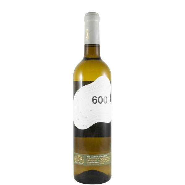 Altas Quintas 600 branco 2025 Garrafa de vinho branco com rótulo branco e padrão de linhas curvas cinzentas