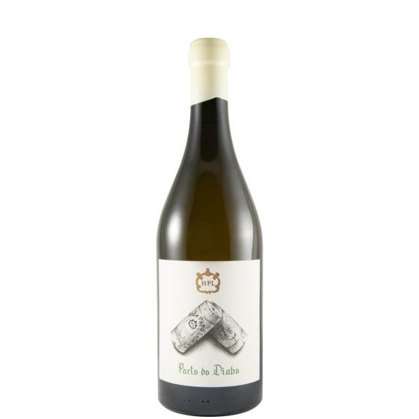 Herdade Papa Leite Pacto do Diabo branco 2023 Garrafa de vinho com rótulo branco Pacto do Diabo e rolhas desenhadas
