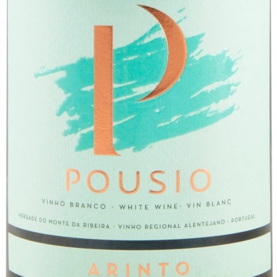 Etiqueta de vinho branco Pousio Arinto com design azul turquesa e cobre.