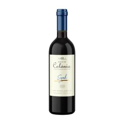 Garrafa de vinho tinto Monte da Colónia Syrah 2021 com rótulo branco e tampa azul