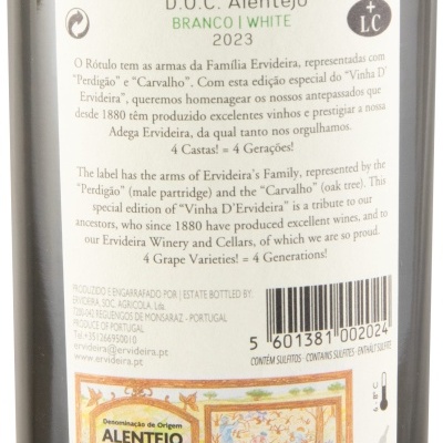 Etiqueta de vinho branco Vinha DErvideira D.O.C. Alentejo 2023, com textos, selo, código de barras e indicação de 75cl, 13,5% vol.