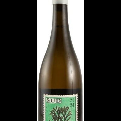 Garrafa de vinho castanha com rótulo verde e tampa branca fosca.
