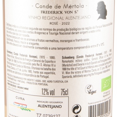 Rótulo de vinho rosé de 2022 Conde de Mértola com informações de volume, álcool e certificações biológicas