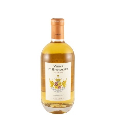 Garrafa de vinho branco Vinha D Ervideira com rótulo branco e tampa cor de laranja.