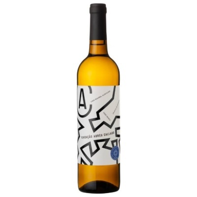 Garrafa de vinho branco com rótulo branco e padrões geométricos pretos
