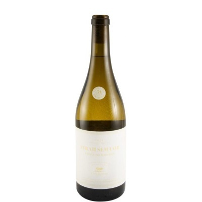 Garrafa de vinho branco SEMESEM COR com rótulo branco e letras douradas