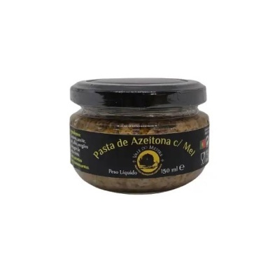 Frasco de pasta de azeitona com mel de 150 ml com tampa preta e rótulo preto