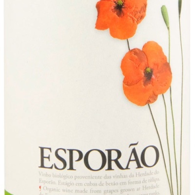 Rótulo de vinho branco com flores vermelhas e texto ESPORÃO COLHEITA 2024