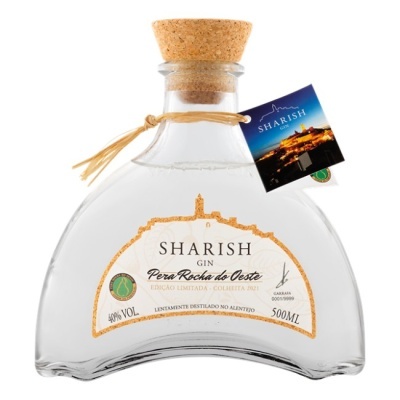 Garrafa de gin Sharish com rolha de cortiça e etiqueta branca