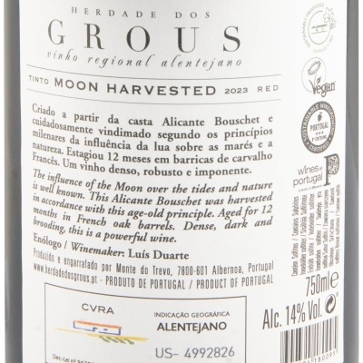 Etiqueta de vinho tinto Herdade dos Grous safra 2023, 750ml, álcool 14%, vinho regional alentejano, vegano e sustentável
