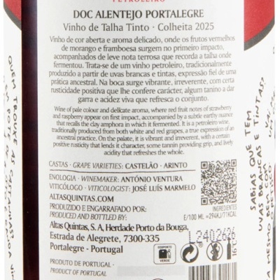 Rótulo traseiro de vinho tinto Conversas da Talha 2025 da Altas Quintas com descrição detalhada e informações técnicas.
