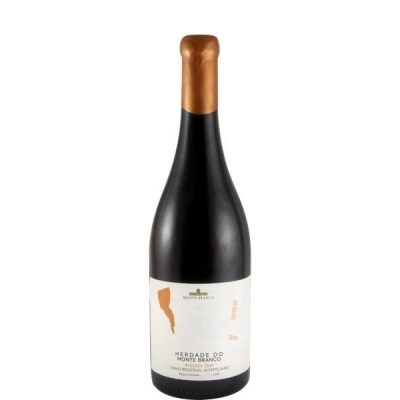 Garrafa de vinho Herdade do Monte Branco Reserva 2015 com rótulo branco e tampa dourada