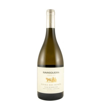 Garrafa de vinho branco Ravasqueira Vinha das Romãs com rótulo creme e imagem dourada