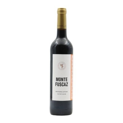 Garrafa de vinho tinto Monte Fuscaz com rótulo branco e tampa dourada