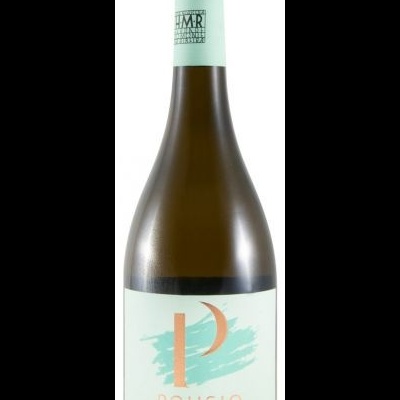 Garrafa de vinho branco com rótulo branco e detalhes em turquesa e laranja