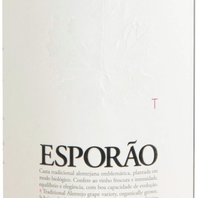 Etiqueta de vinho ESPORÃO com texto em português e inglês e relevo de folha