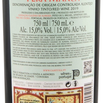Rótulo de vinho tinto Pêra-Manca 2019 da região do Alentejo
