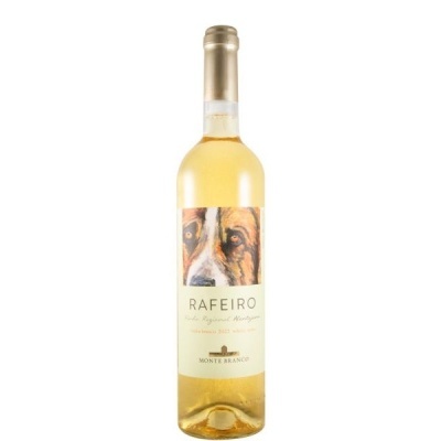 Garrafa de vinho branco com rótulo de cão e texto RAFEIRO Vinho Regional Montigo Monte Branco