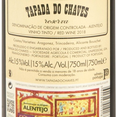 Rótulo vinho tinto Tapada do Chaves reserva Alentejo 2018 15% álcool 750ml
