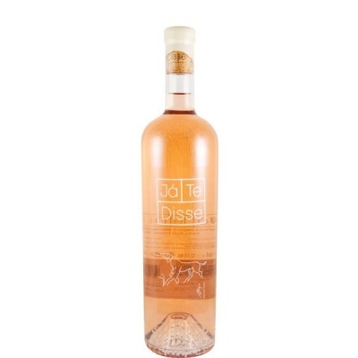 Garrafa de vinho rosé com rótulo branco e desenho de cão