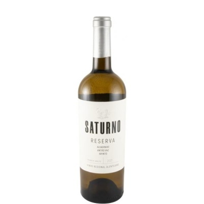 Garrafa de vinho branco Saturno Reserva com rótulo branco