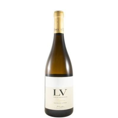 Garrafa de vinho branco LV com rótulo branco e cápsula dourada