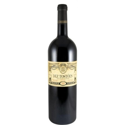 Garrafa de vinho tinto Dez Tostões com rótulo amarelo e tampo preto