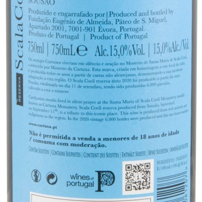 Rótulo azul de vinho tinto Scala Coeli Reserva 2020 com texto em português e inglês
