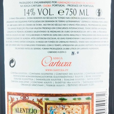 Rótulo de vinho tinto Pêra-Manca 2007, 14% vol, 750 ml, Adega Cartuxa, Alentejo