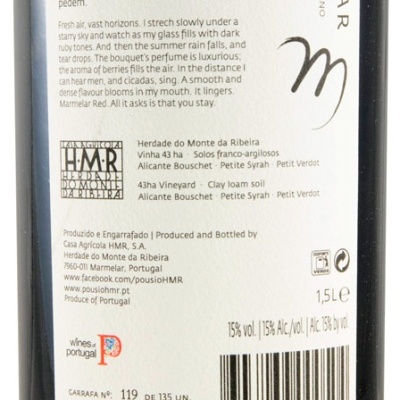Rótulo traseiro de garrafa de vinho tinto MARMELAR 2015 Alentejano com texto e códigos