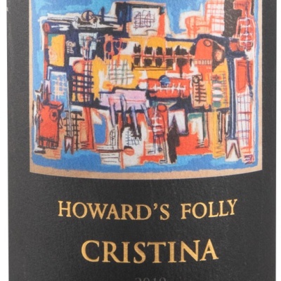 Rótulo de vinho com arte abstrata e texto HOWARDS FOLLY CRISTINA 2019