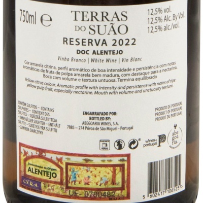 Rótulo de vinho branco Terras do Suão Reserva 2022, 750 ml, 12,5% vol, DOC Alentejo, com descrição e informações de produção.