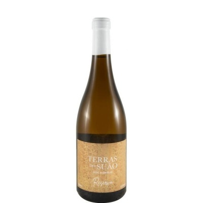 Garrafa de vinho branco Terras do Suão com rótulo bege e tampa branca
