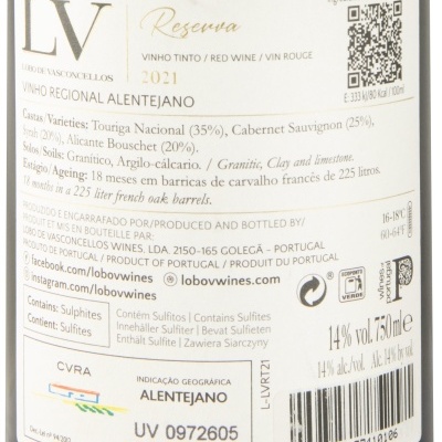 Etiqueta de vinho tinto Reserva 2021 Lobo de Vasconcellos, 14% vol., 750 ml, Alentejo, Portugal