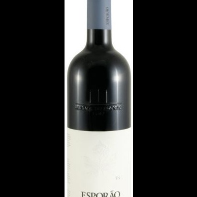 Garrafa de vinho Esporão Touriga Nacional com etiqueta branca e cápsula azul claro