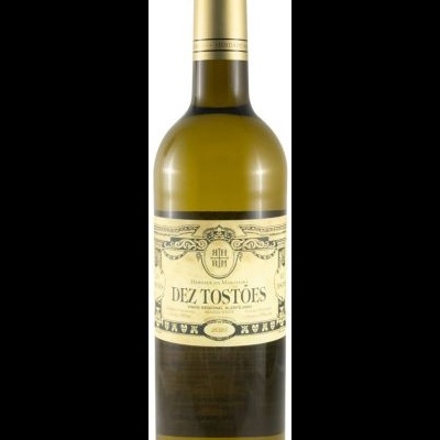 Garrafa de vinho branco Dez Tostões com rótulo creme e dourado