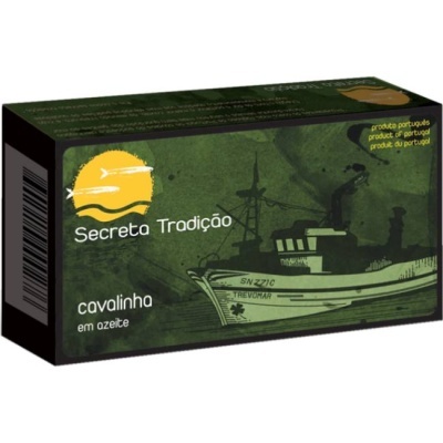 Embalagem verde e preta de conserve com barco e texto