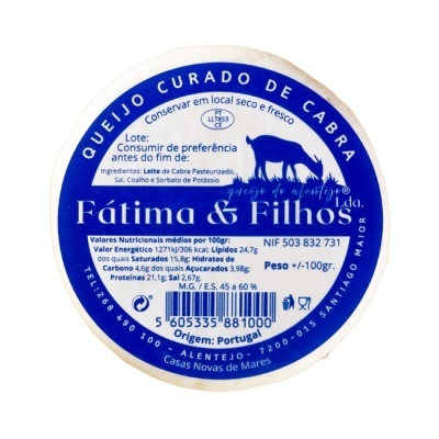 Rótulo de queijo curado de cabra Fátima & Filhos azul e branco