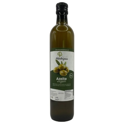 Garrafa de azeite virgem verde com rótulo e tampa preta