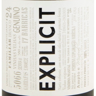 Rótulo de vinho branco Explicit com texto técnico em preto e dourado num fundo branco